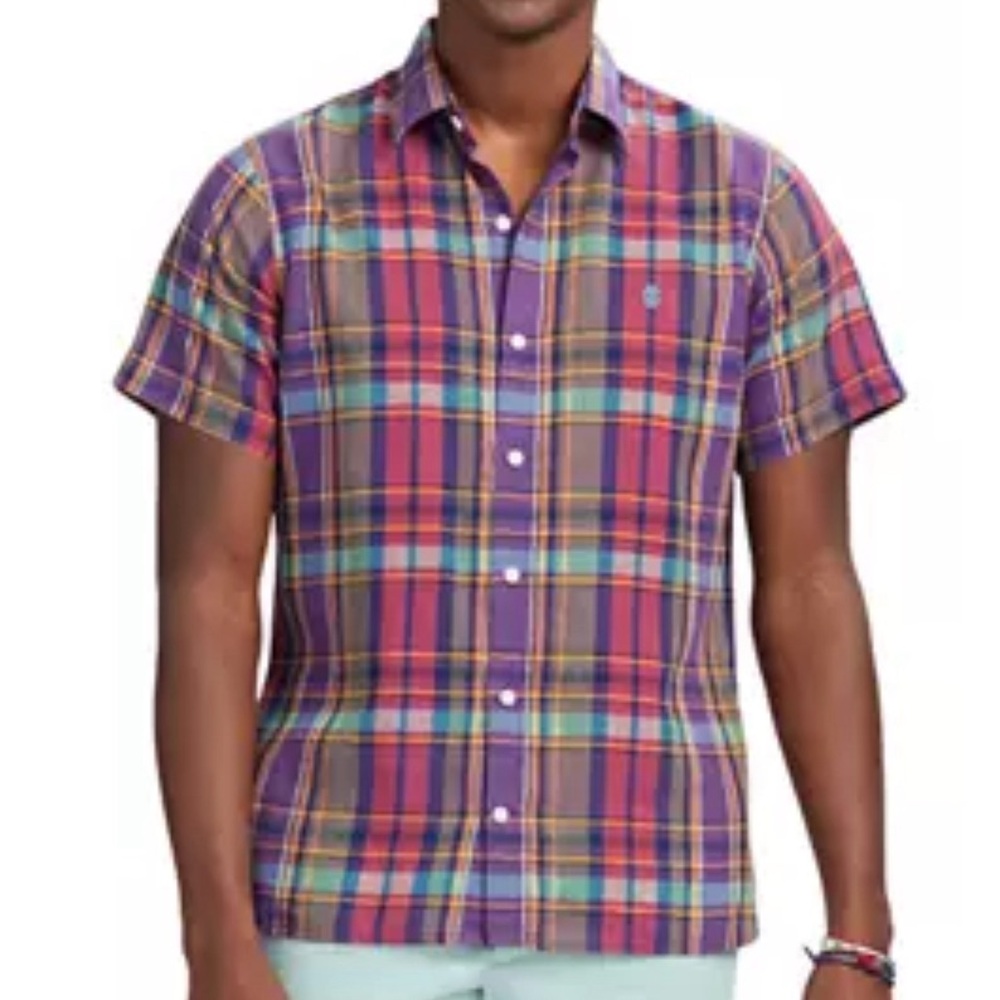 IZOD Men's Plaid Short Sleeve Button Down purple Plaid Shirt Size M